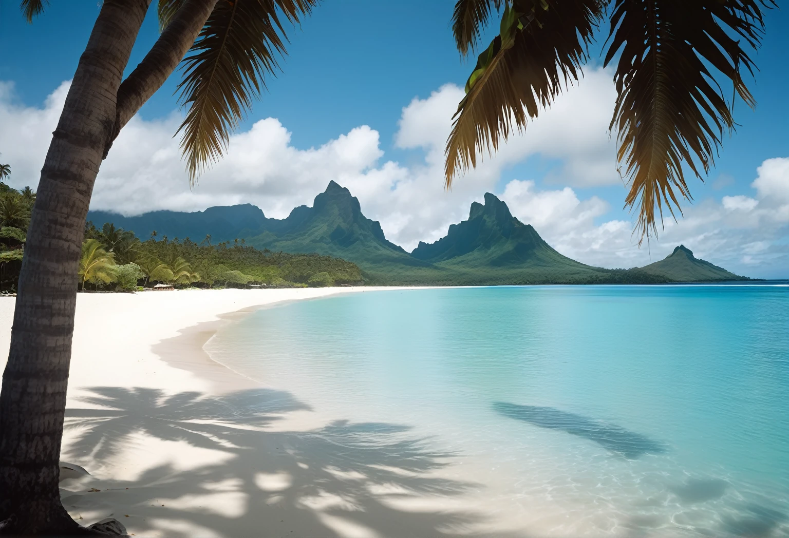 there is a view of a beach with a palm tree and mountains in the background, beautiful beach, breath-taking beautiful beach, paradise in the background, tropical beach, tropical beach paradise, hawaii, hawaii beach, at a tropical beach, stunning scenery, magical beach, tropical location, beautiful tropical island beach, white sandy beach, breathtaking scenery, beautiful place