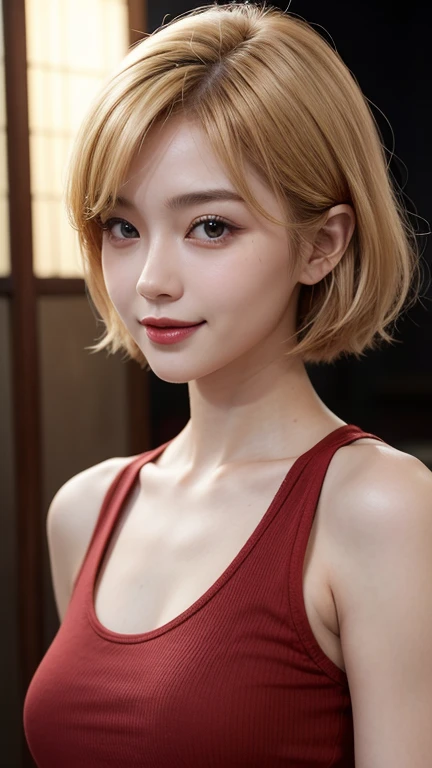 Highest quality、Japanese women、The most beautiful woman in the world、sexy、Golden hair color、Short Hair Style、Small face、Beautiful skin、night、Large breasts、Realistic、Red Tank Top、smile