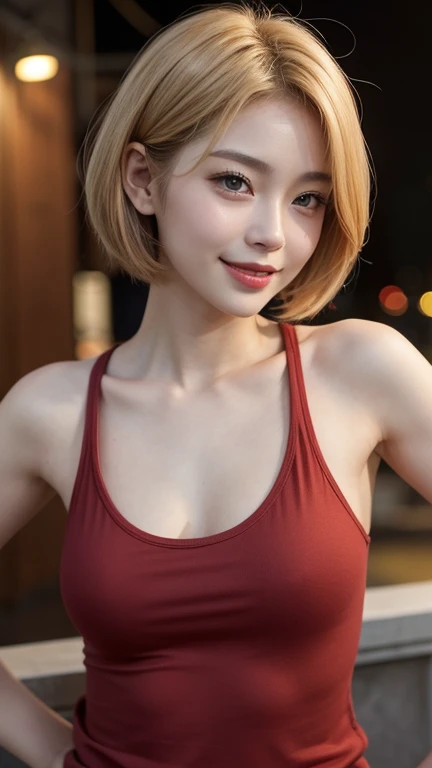 Highest quality、Japanese women、The most beautiful woman in the world、sexy、Golden hair color、Short Hair Style、Small face、Beautiful skin、night、Large breasts、Realistic、Red Tank Top、smile