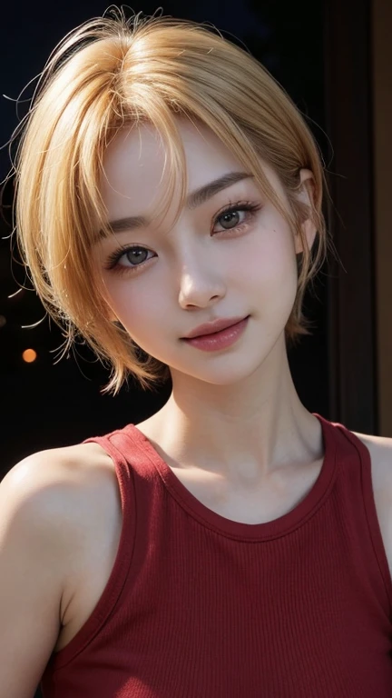 Highest quality、Japanese women、The most beautiful woman in the world、sexy、Golden hair color、Short Hair Style、Small face、Beautiful skin、night、Large breasts、Realistic、Red Tank Top、smile