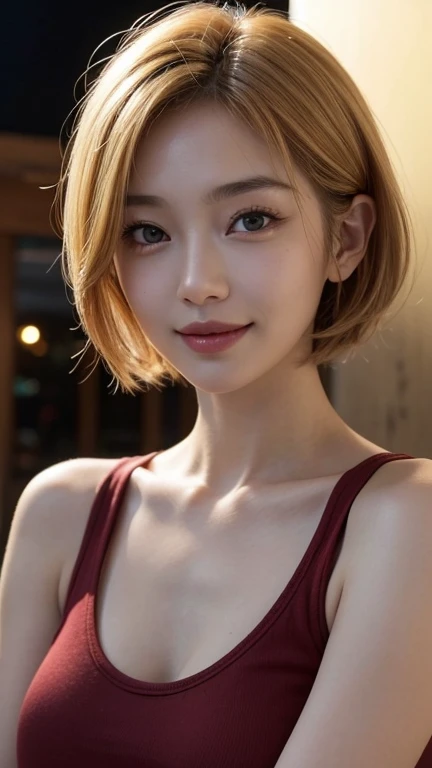 Highest quality、Japanese women、The most beautiful woman in the world、sexy、Golden hair color、Short Hair Style、Small face、Beautiful skin、night、Large breasts、Realistic、Red Tank Top、smile