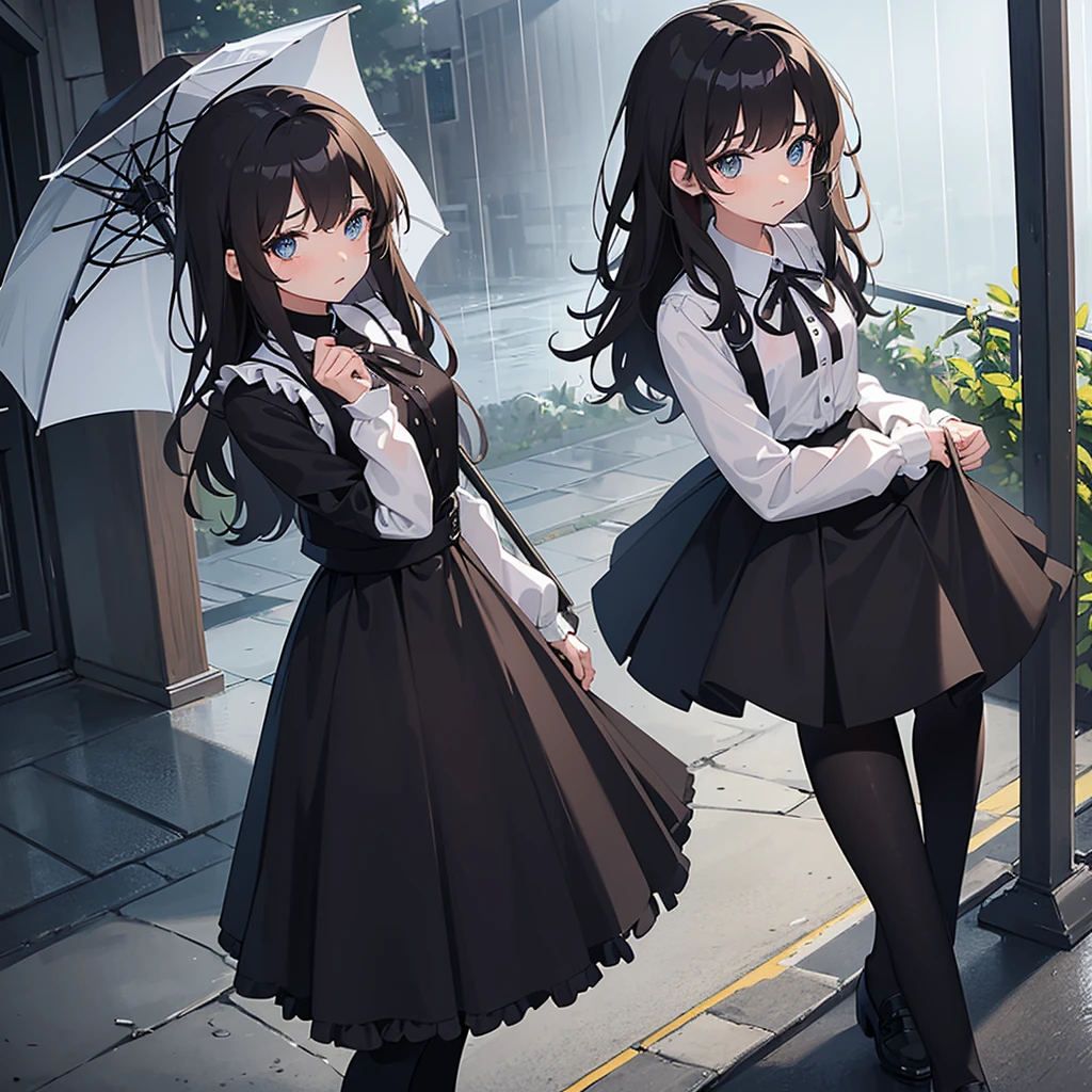 A cute girl. She wears a modest frilled blouse with a skirt and leggings. She has small , almost to the point of being flat. Her hair is brown and glossy and her eyes are deep green. She stands infront of the school on a dark rainy day. The rain pours down on her, shes holding an umbrella.
