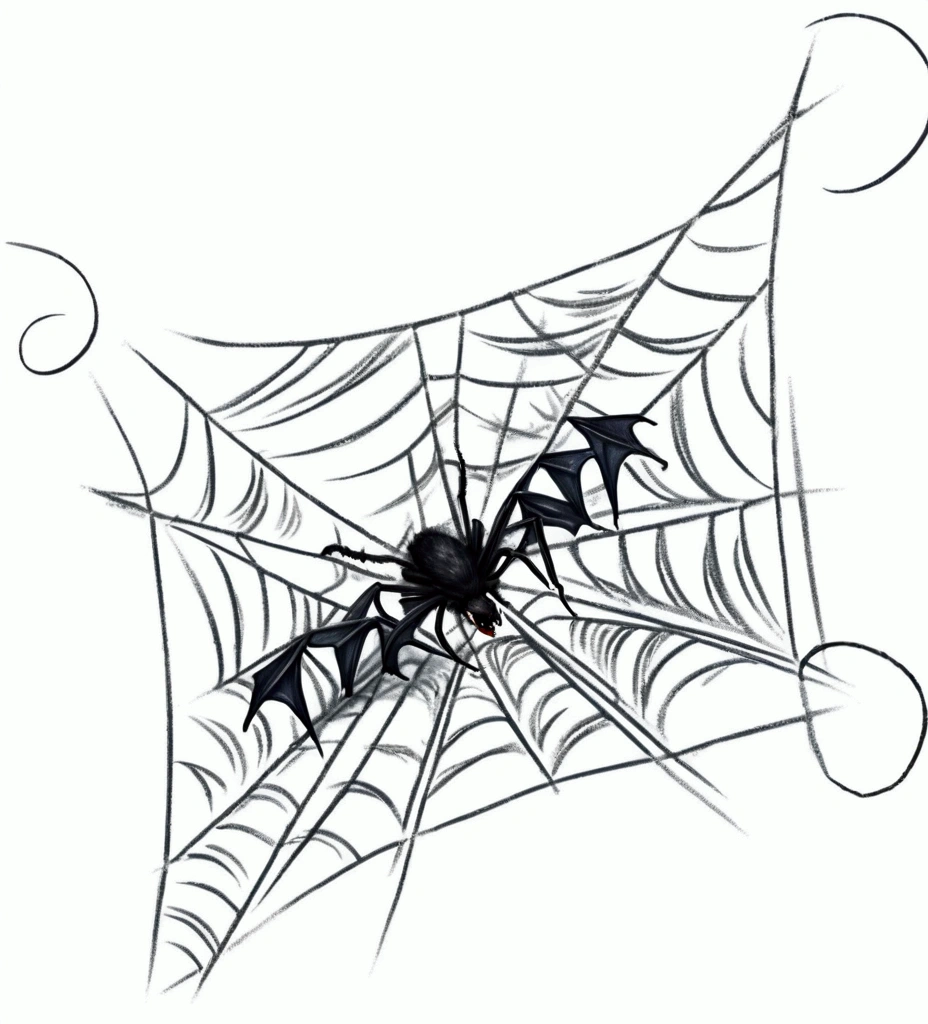 a drawing of a bat-covered spider web, intricate cobweb, spidery body, detailed spider webs, eerie cobwebs, spidery and irregular webbing, (best quality,4k,8k,highres,masterpiece:1.2),ultra-detailed,(realistic,photorealistic,photo-realistic:1.37),dark gothic horror atmosphere,dramatic lighting,moody colors,dramatic shadows,haunting,sinister,ominous