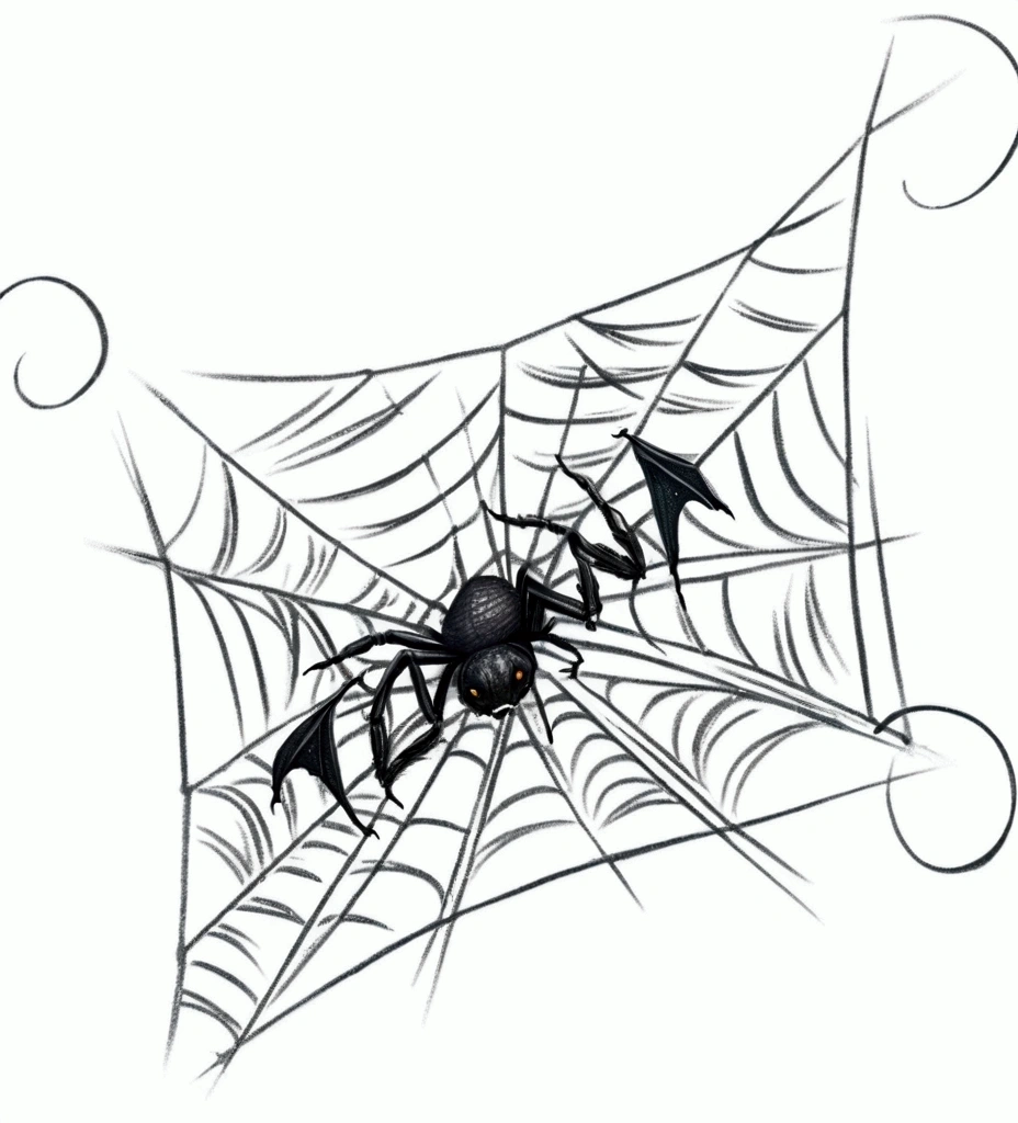 a drawing of a bat-covered spider web, intricate cobweb, spidery body, detailed spider webs, eerie cobwebs, spidery and irregular webbing, (best quality,4k,8k,highres,masterpiece:1.2),ultra-detailed,(realistic,photorealistic,photo-realistic:1.37),dark gothic horror atmosphere,dramatic lighting,moody colors,dramatic shadows,haunting,sinister,ominous