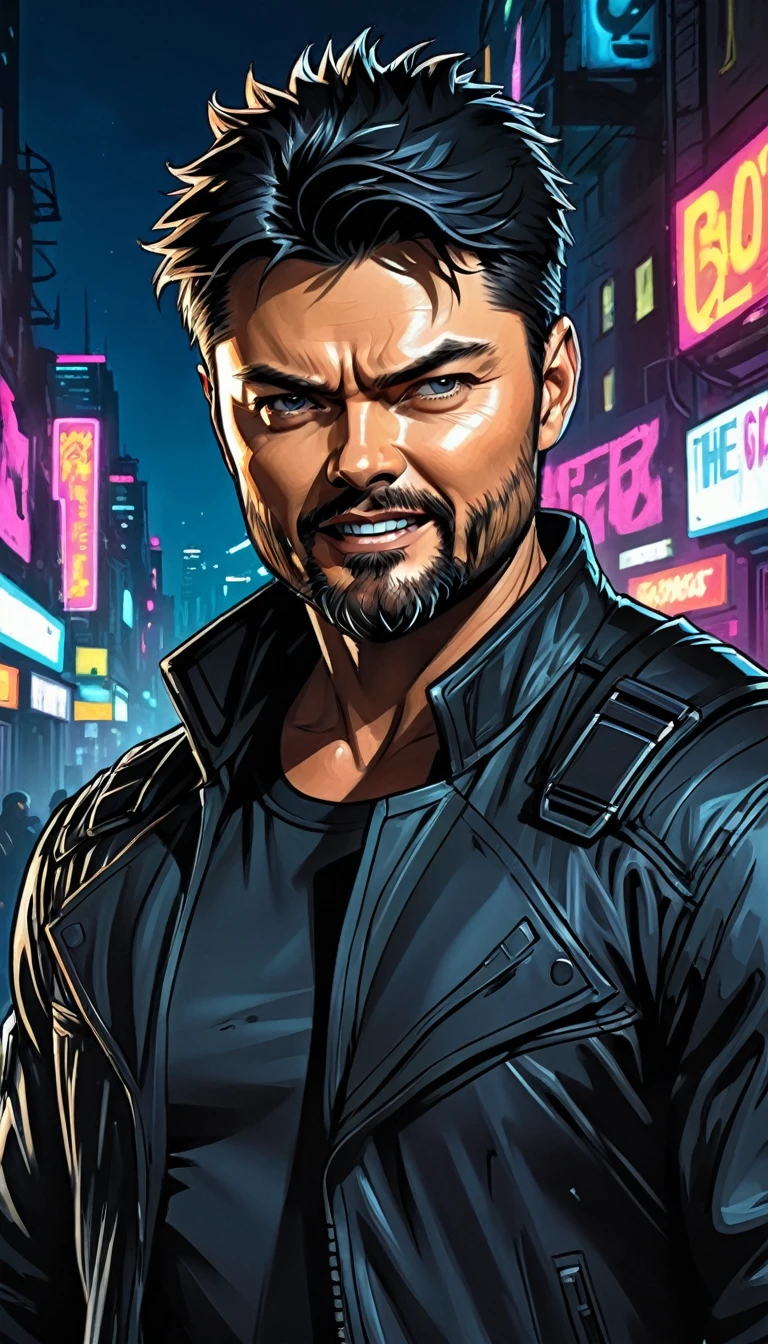 (Karl Urban:1.5), Based on William "Billy" Butcher, from the series The Boys, medium black hair, Muscle, Cyberpunk Style, night background, naughty smile, big beard, messy hair, black clothes, portrait, Comic Art Style