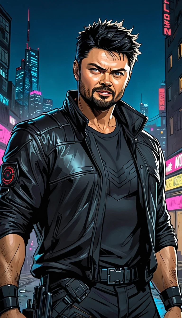 (Karl Urban:1.5), Based on William "Billy" Butcher, from the series The Boys, medium black hair, Muscle, Cyberpunk Style, night background, naughty smile, big beard, messy hair, black clothes, portrait, Comic Art Style