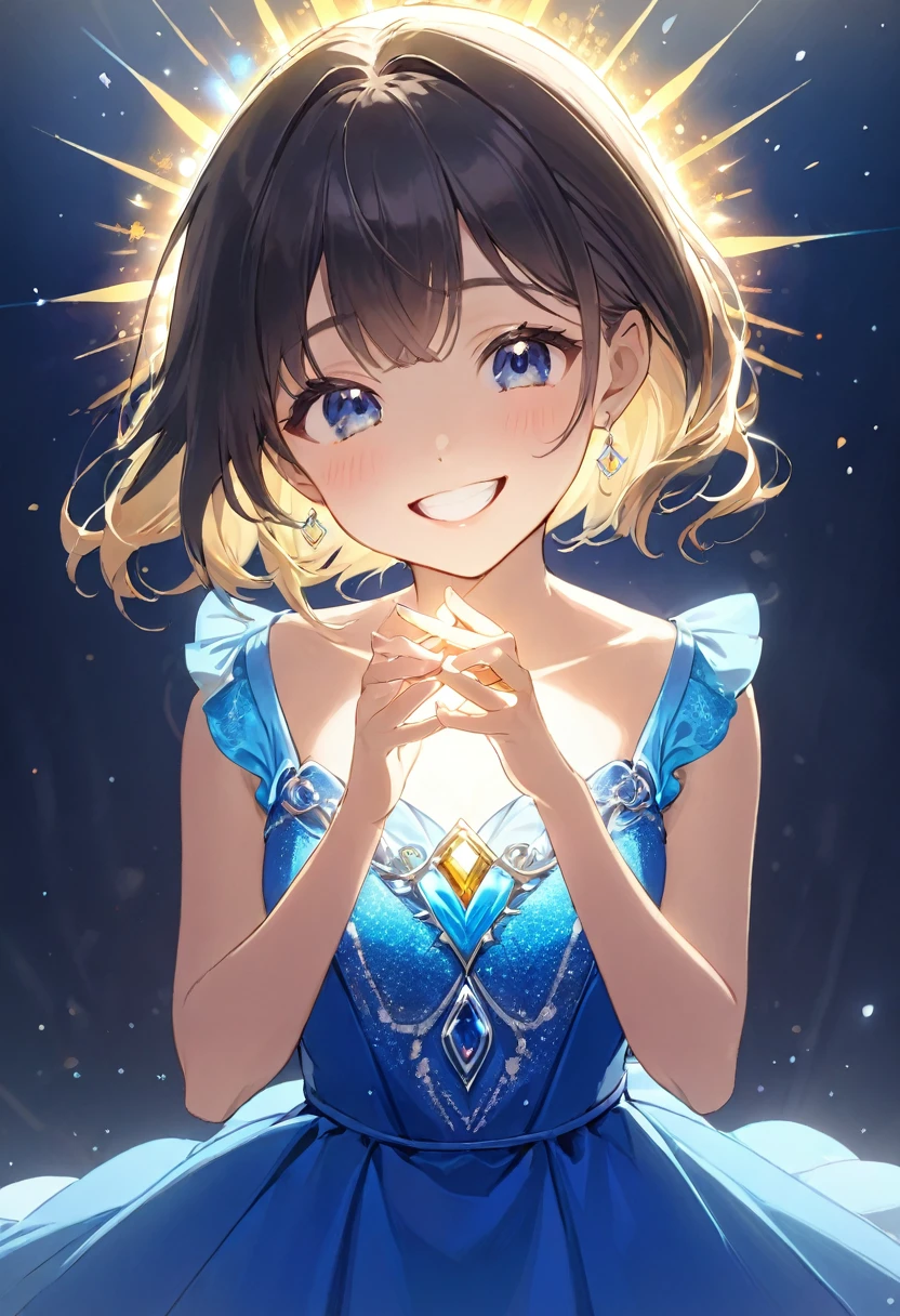 A shining ring placed in the center、Beautiful girl looking at the ring、Great smile、Bright smile、Blue half dress、