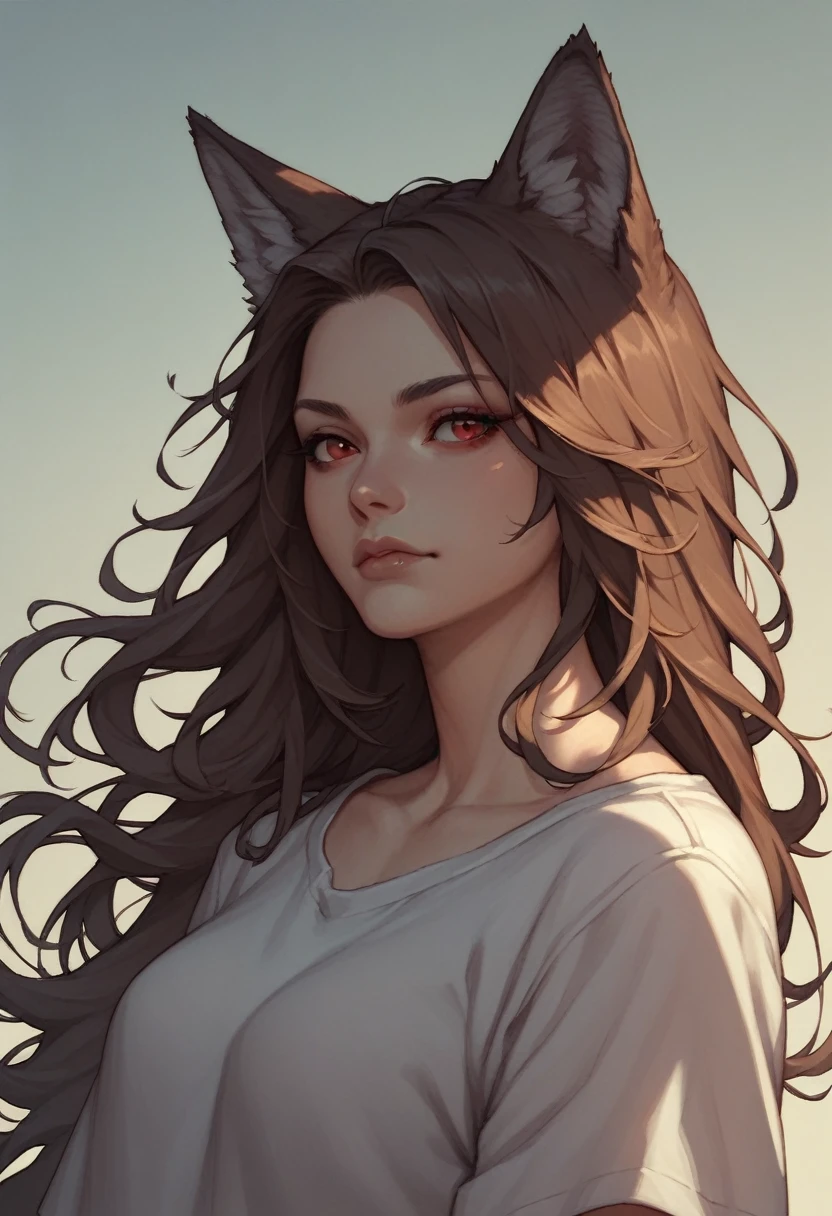 Brown Hair,Long Hair,Red eyes, Wolf Girl,Wolf Ear,Wolf's Tail、Large Breasts、T-Shirts(tight)Maxi Dresses、Cleavage、surprised、Huge penis only、Sweat、In the heat、Zoom in on face