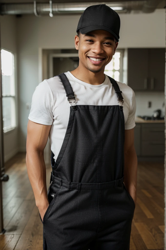 man wearing work overalls , black sport cap , hose ,light skin ,smiling, focusing ,looking to the floor , his eyes looking down