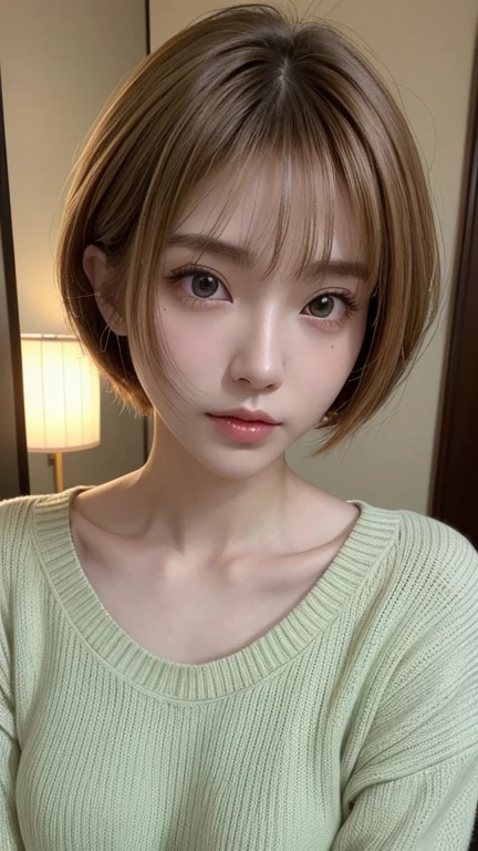 Highest quality、Japanese women、The most beautiful woman in the world、sexy、Golden hair color、Short Hair Style、Small face、Beautiful skin、evening、Large breasts、Realistic、Green Sweater、Angry