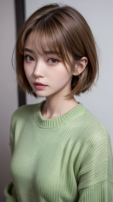 Highest quality、Japanese women、The most beautiful woman in the world、sexy、Golden hair color、Short Hair Style、Small face、Beautiful skin、evening、Large breasts、Realistic、Green Sweater、Angry