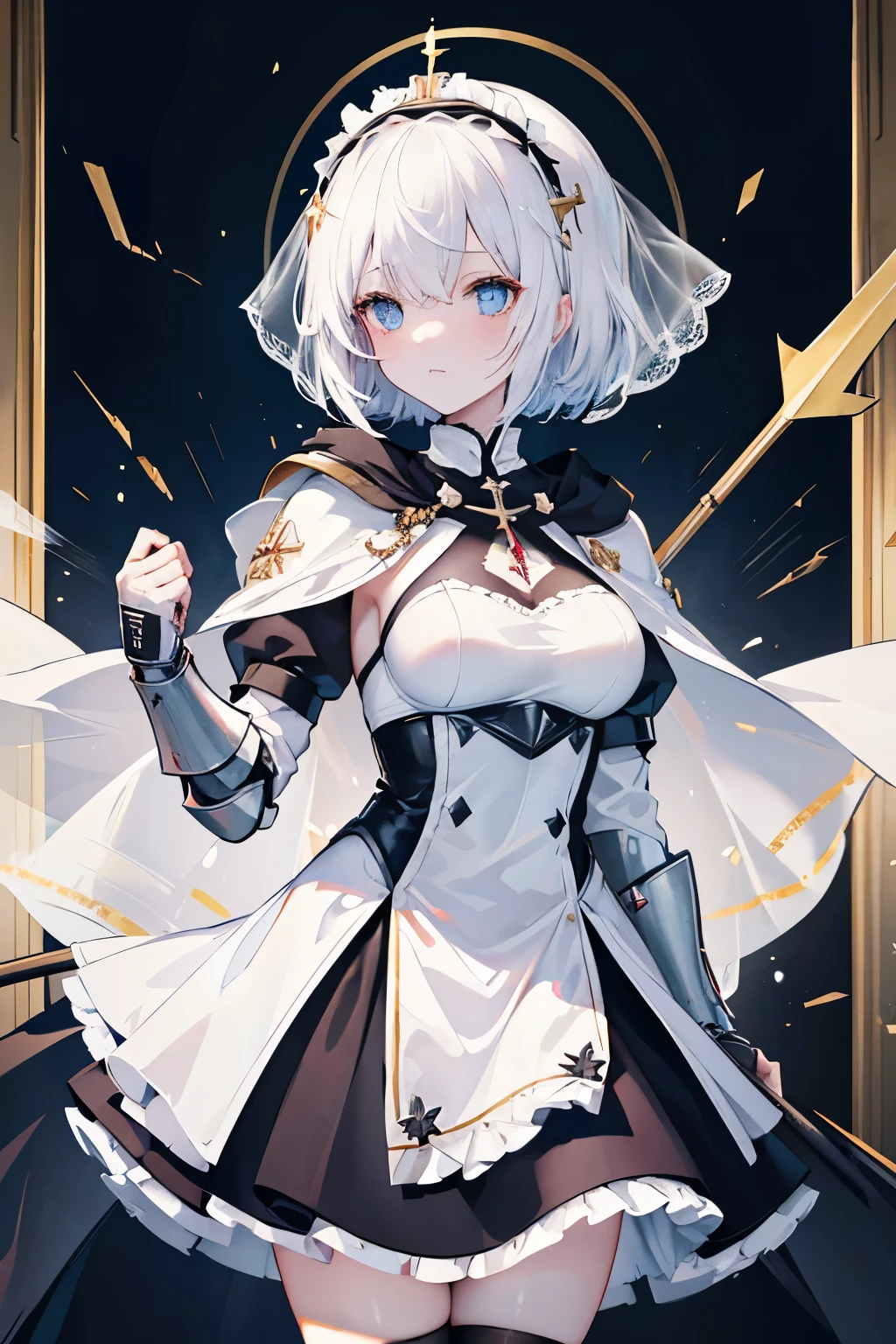 1girl, knights templar, anime maid, epic, (knights templar light armor), templar semi-armor, maid mini skirt, armor straps, tactical templar light semi-armor,shield, sword, knight templar,1girl, arrow_\(fire_Force\), blue_eyes, symbol_pupils, arrow_shaped_pupils, black_hair, short_hair, hair_clips, white_veil_headdress, lifted_veil, templar_knight_robes, white_cape, red_cross_on_chest, white_vest, pelvic_curtain, black_sleeves, gold_armour_