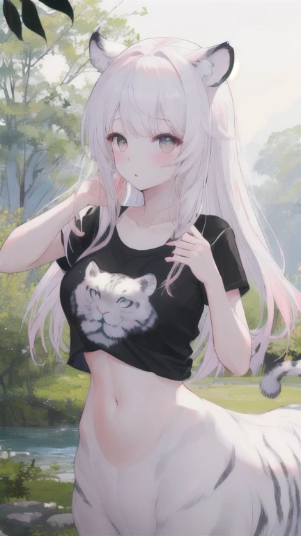 (best quality, masterpiece), 1 girl, centaur, It takes, White skin, Korean ,daughter, black pink, exposing the abdomen, belly button t-shirt , 아름다운 소녀 Perfect wild white tiger photo, Perfect wild white tiger photo