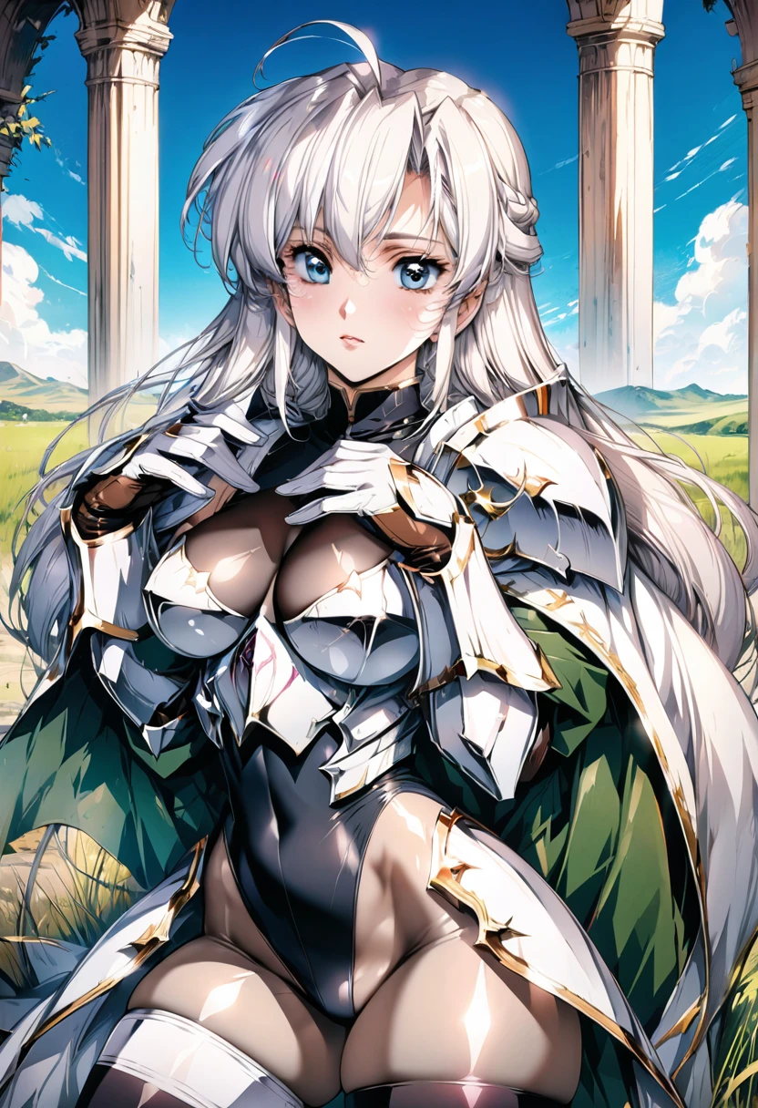 ((highest quality)), ((masterpiece)), ((hyperrealistic)), (detailed background), anime style, 1girl, ((curvy: 1.2)), (shoot from side), kawaii, paladin, ((black lame leotard)), ((catsuit leotard)), (paladin armor), (breastplate armored dress), cloak de cour, gauntlet, gloves, white hair, ahoge, (large breasts), (see-through cleavage cutout), (zettai ryouiki black thigh high socks), (see-through pantyhose thighs), (pantyhose groin area), beautiful eyes, perfect face, Perfect hands, perfect fingers, Blue sky and grassland,