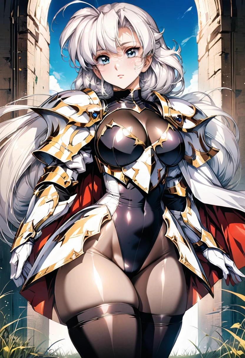 ((highest quality)), ((masterpiece)), ((hyperrealistic)), (detailed background), anime style, 1girl, ((curvy: 1.2)), (shoot from side), kawaii, paladin, ((black lame leotard)), ((catsuit leotard)), (paladin armor), (breastplate armored dress), cloak de cour, gauntlet, gloves, white hair, ahoge, (large breasts), (see-through cleavage cutout), (zettai ryouiki black thigh high socks), (see-through pantyhose thighs), (pantyhose groin area), beautiful eyes, perfect face, Perfect hands, perfect fingers, Blue sky and grassland,