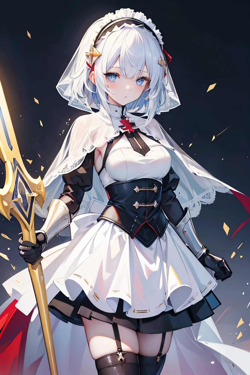 1girl, knights templar, anime maid, epic, (knights templar light armor), templar semi-armor, maid mini skirt, armor straps, tactical templar light semi-armor,shield, sword, knight templar,1girl, arrow_\(fire_Force\), blue_eyes, symbol_pupils, arrow_shaped_pupils, black_hair, short_hair, hair_clips, white_veil_headdress, lifted_veil, templar_knight_robes, white_cape, red_cross_on_chest, white_vest, pelvic_curtain, black_sleeves, gold_armour_