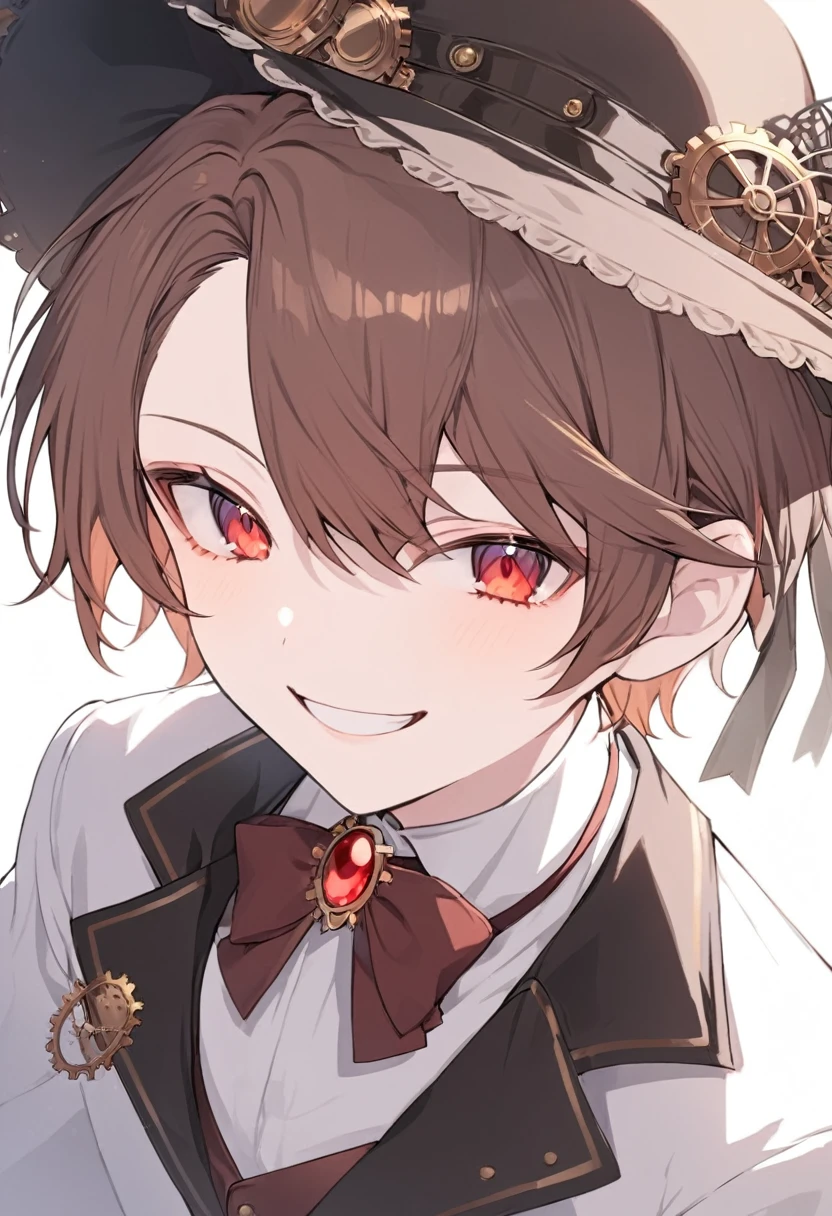 steampunk，1 male，silk hat，short hair，Red eyes，Brown Hair，tuxedo，Red brooch，alone，A big smile，Facial details，