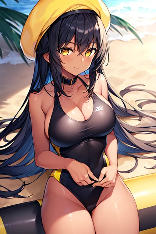 1girl, dark skin, dark-skinned female, black hair, long hair, yellow eyes, yellow beret, beret, one-piece swimsuit, competition swimsuit, black swimsuit, black one-piece swimsuit, yellow trim, light smile, large breasts, thick thighs, beach