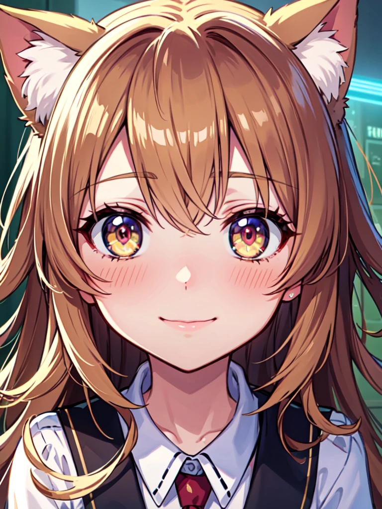 hair over shoulder, wavy hair, hair strand, shiny hair, blonde hair, eye reflection, glowing eyes, slit pupils, amber eyes, cat ears, smile, blush, glint, happy, anime, anime style, En plein air, high detail, cinematic lighting, ray tracing, reflection light, masterpiece, accurate, anatomically correct, super detail, high details, high quality, best quality, highres, 4K