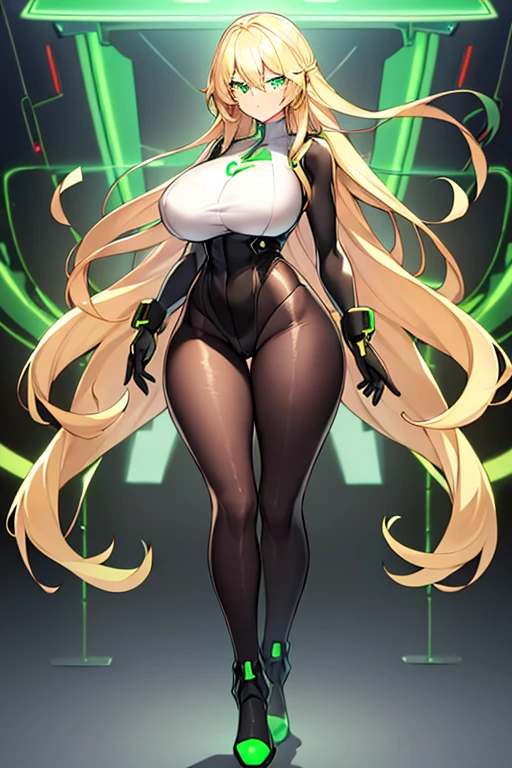 1girl, green eyes, blonde hair, long hair, large breasts, hourglass figure, bodysuit, white bodysuit, neon, neon trim, machinery, tech, science-fiction, futuristic, serious, standing, full body, ((full body)),, pantyhose, black pantyhose, wavy hair, walking