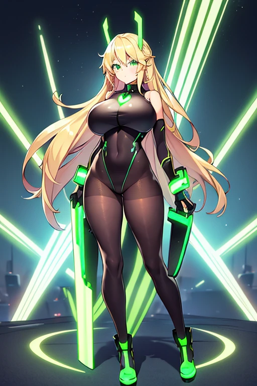 1girl, green eyes, blonde hair, long hair, large breasts, hourglass figure, bodysuit, white bodysuit, neon, neon trim, machinery, tech, science-fiction, futuristic, serious, standing, full body, ((full body)),, pantyhose, black pantyhose, wavy hair, walking