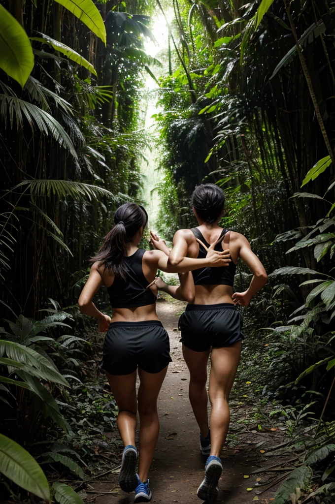 Two friends running in jungle horror,back at the camera,dark forest,running from something,