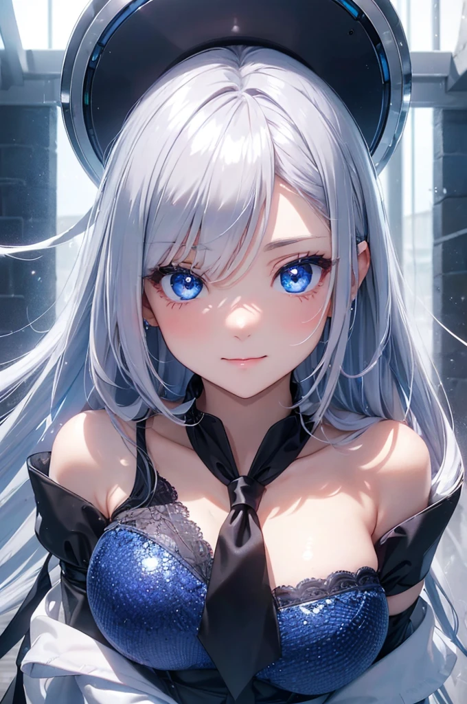 One Girl (masterpiece, round_iris, very crisp crystalline shiny blue eye, perfection_anatomy, very_charm_Hypnotic_mysterious_eye, ) perfection face, Long silvery hair, blush, A shy smile, Big Breasts、 Tie your hair behind your head、Vibrant colors, Highest quality, 4K、Gray Hair、side、Nape