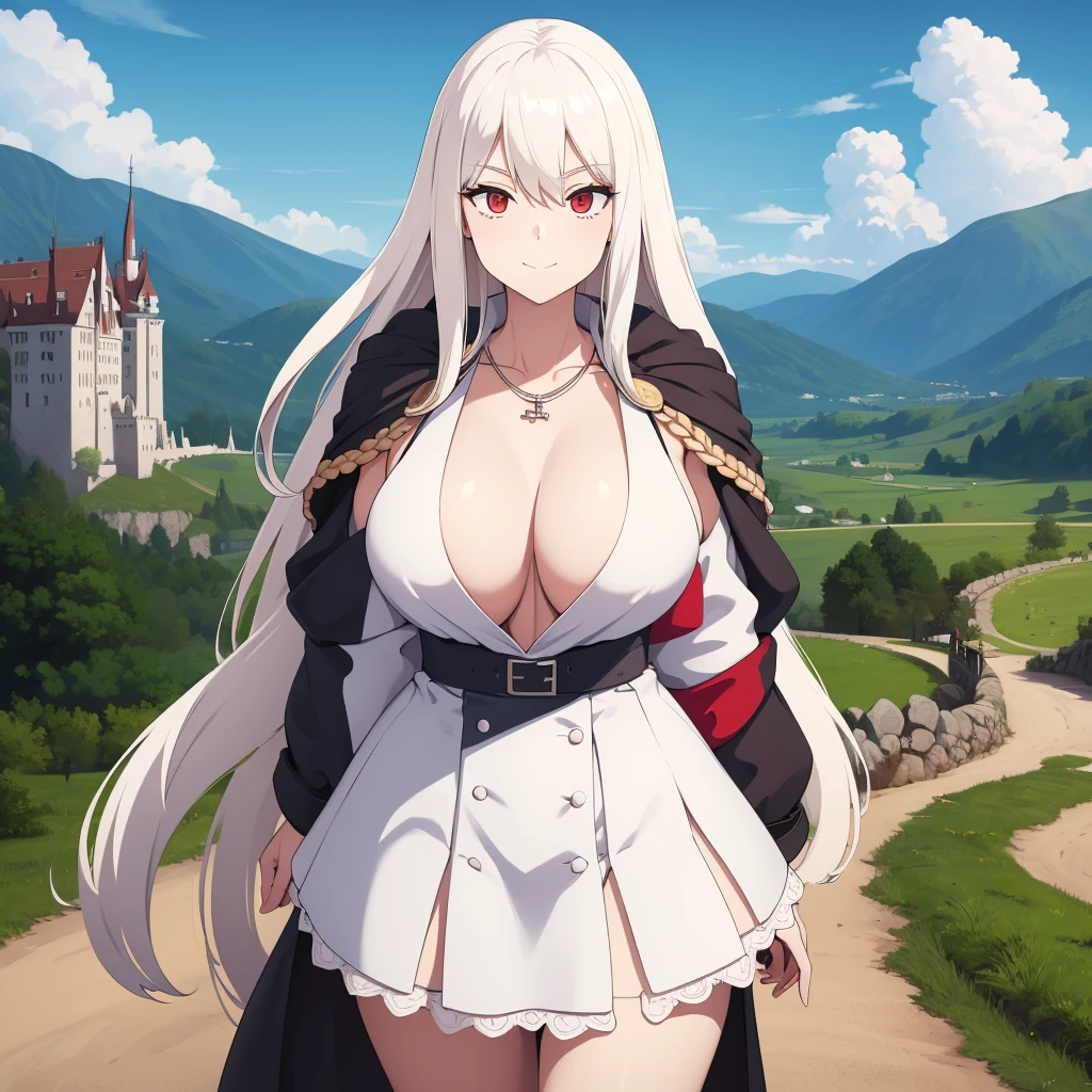 A woman wearing a white dress, shoulders exposed, iron on the dress,iron cross in hair, iron cross necklace white hair, long hair, red eyes, bigmiling, standing upright, perfect face, perfect eyes, standing on a dirt floor with grass with some rocks, German castle in the background, daytime location,.HDR, ultra resolution, well defined, masterpiece, 8K HD. (solo woman)