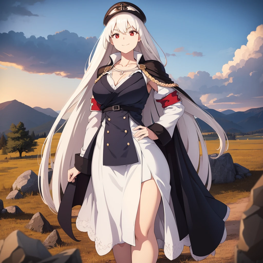 A woman wearing a white dress, shoulders exposed, iron ass on the dress,iron cross in hair, iron cross necklace white hair, long hair, red eyes, big breasts, smiling, standing upright, perfect face, perfect eyes, standing on a dirt floor with grass with some rocks, German castle in the background, daytime location,.HDR, ultra resolution, well defined, masterpiece, 8K HD. (solo woman)
