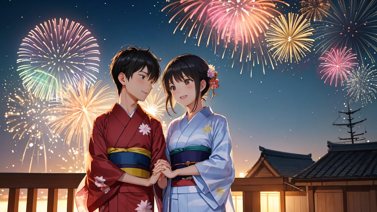 Looking up at the fireworks、Young man and woman wearing yukata holding hands、Fantasy