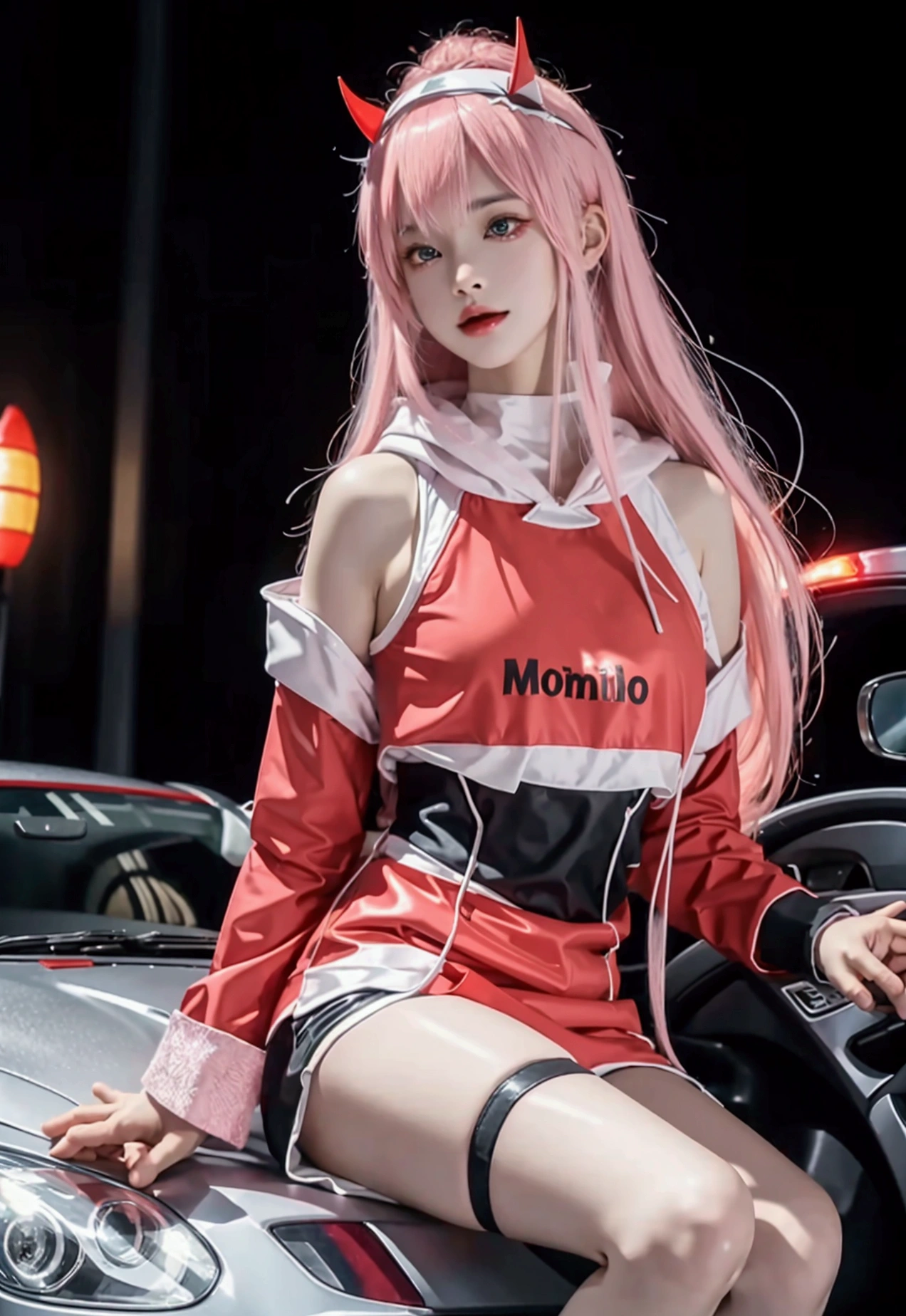 ultra-detailed,highly detailed,best quality,masterpiece,illustration, 
The image features a young person with pink hair, wearing a headband with small red horns. They are dressed in a light gray hoodie with black drawstrings and a small red logo on the chest. They are also wearing matching light gray shorts with pink accents and thigh-high black stockings with straps. The individual is wearing a blue face mask with intricate designs. The background shows a yellow vehicle and what appears to be an urban setting.