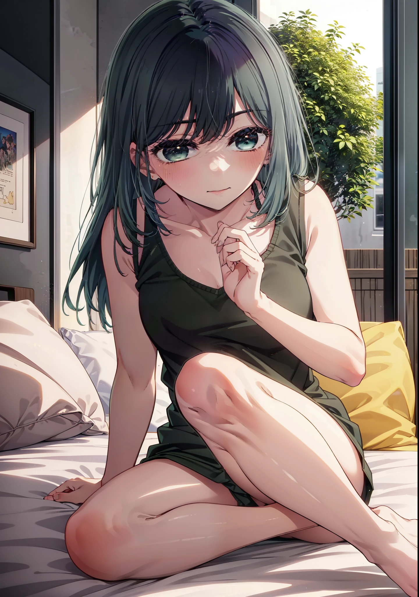 akanekurokawa, akane kurokawa, bangs, (Green Eyes:1.3), Blue Hair, Long Hair, dark Blue Hair,Black Tank Top,String Underwear,barefoot,Sitting on the bed,Sleepy eyes,smile,blush,morning,morning陽,The sun is rising,whole bodyがイラストに入るように,
break indoors, Bedroom,
break looking at viewer,whole body, 
break (masterpiece:1.2), Highest quality, High resolution, unity 8k wallpaper, (figure:0.8), (Beautiful attention to detail:1.6), Highly detailed face, Perfect lighting, Highly detailed CG, (Perfect hands, Perfect Anatomy),