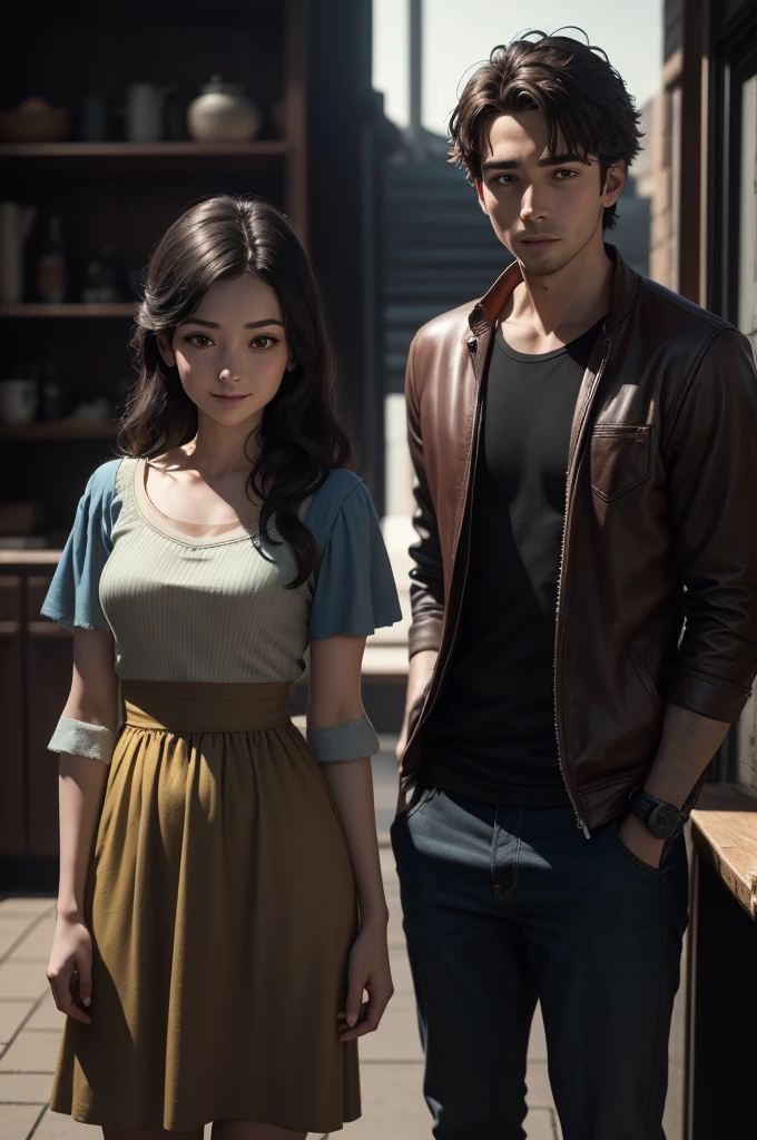 On the left is a woman in her 20s.,On the right is a man in his 20s.,whole body,Pixar movie style, 最high quality, Still image,very happy,Attention to detail, high quality, masterpiece, Accurate, Super detailed