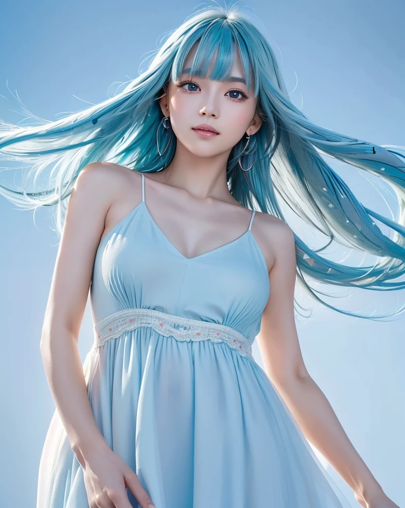 Highest quality, 32k, ((Ultra-high resolution:1.8)), Masterpiece, marimo_jet, god々A photograph with brilliant dazzling and healing power., Evoking a sense of calm and elusive beauty, Expressing emotions, Have a rich imagination, Beautiful Japanese Girls, An exceptionally beautiful face, Small Face Beauty, Perfect Human ???????, Magical big eyes, Motherhood and generosity, Deep Love, fleeting smile, ((Shiny light blue hair:1.3)), ((Beautiful long hair swaying in the wind)), Asymmetrical bangs, Hair between the eyes, Transparent, soft white skin, Sharp eyebrows, Thin lashes, Natural Makeup, Cheek highlighter, Pale pink detailed lips, (White dress:1.4), Perfect clavicle in high definition, High resolution beautiful chest, Slim figure with ample breasts, Beautiful thighs in high resolution, ((Detailed blue sky background:1.3)), Professional photographer, Professional Lighting, Professional models, god秘的
