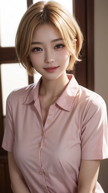 Highest quality、Japanese women、The most beautiful woman in the world、sexy、Golden hair color、Short Hair Style、Small face、Beautiful skin、noon、Large breasts、Realistic、Pink Shirt、smile