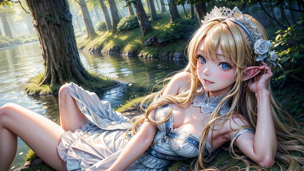 (masterpiece, Highest quality:1.3), (Super detailed:1.2),(Super detailedな顔:1.2),(Super detailedな目:1.2), (hyperRealistic:1.3), (RAW Photos:1.2), High-definition RAW color photos, Professional photos, (PhotoRealistic:1.4), (Realistic:1.4),8K,Professional Lighting, Perfect Anatomy,(Bright smile:1.2),High detail, Sharp focus,One Girl,(lake,forest:1.2),Elf,Long blonde hair,blue eyes,White dress,sitting
