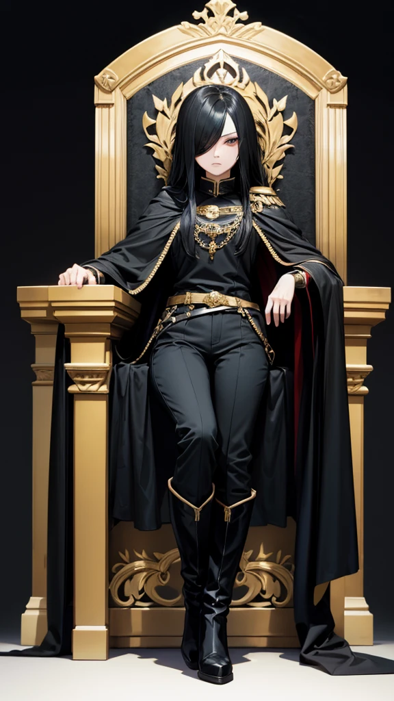 One-eyed adult woman with long black hair,Black cape,,trousers,boots,Palace,throne