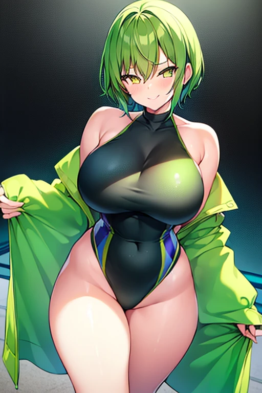 1girl, large breasts, wide hips, thick thighs, green hair, very short hair, yellow eyes, smirk, smug, smile, one-piece swimsuit, competition swimsuit, black swimsuit, pool, sleeves, long sleeves, green trim, green line, bare legs, neon trim, neon, tech