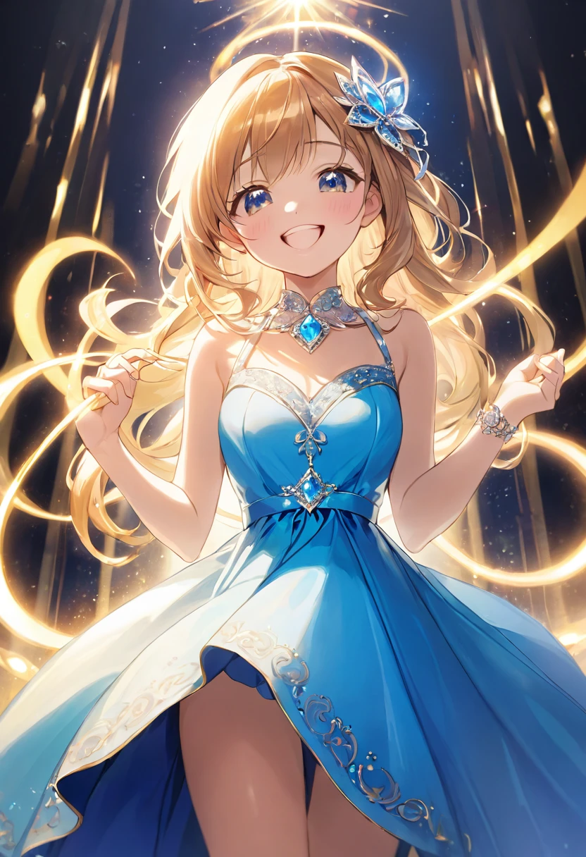 A shining ring placed in the center、Beautiful girl looking at the ring、Great smile、Bright smile、Blue half dress、