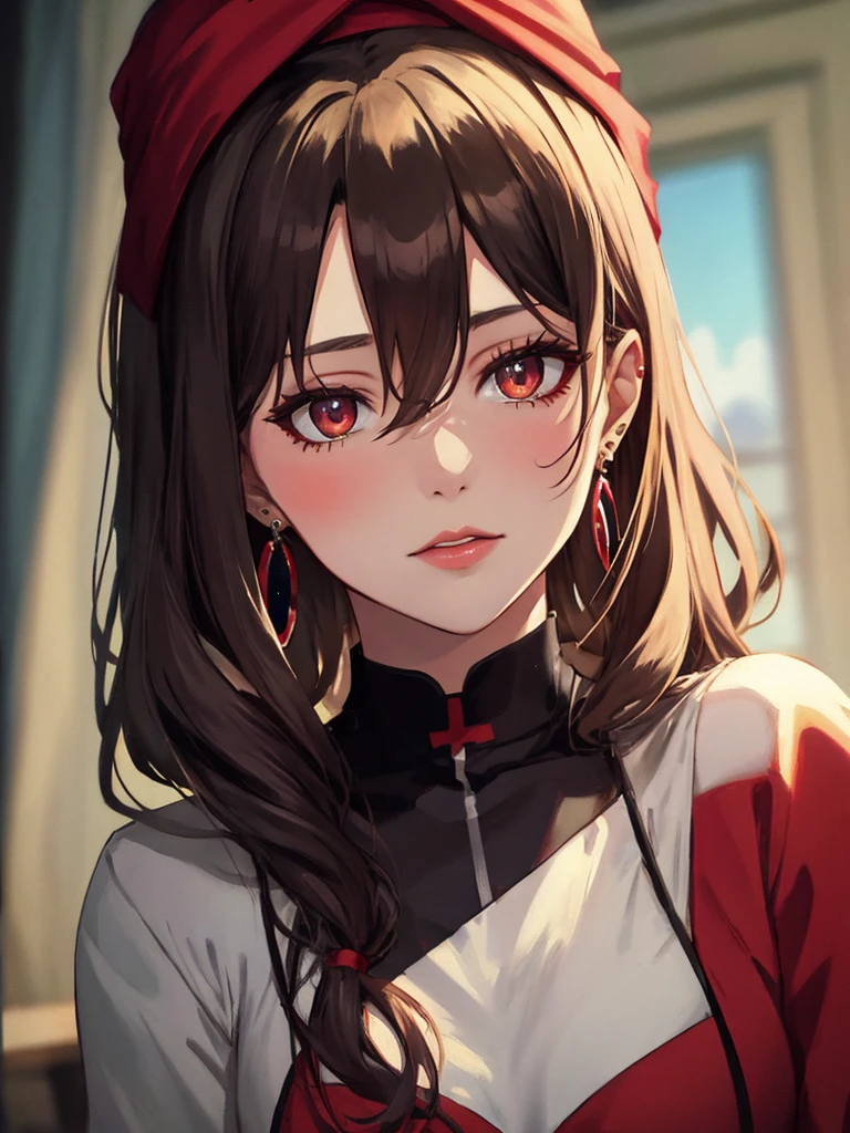 desert, Queen, princess, turbaned, gem, Earrings, Queen, (masterpiece), highest quality, Tohsaka Rin, 1girl, uhd, retina, masterpiece, ccurate, anatomically correct, textured skin, super detail, high details, high quality, best quality, highres, 4K