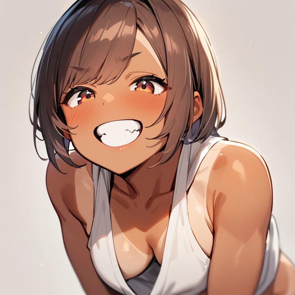 1 girl,tan,tanlines,downblouse,Grin,upper body, Brat,masterpiece,best quality,very aesthetic,absurdres 