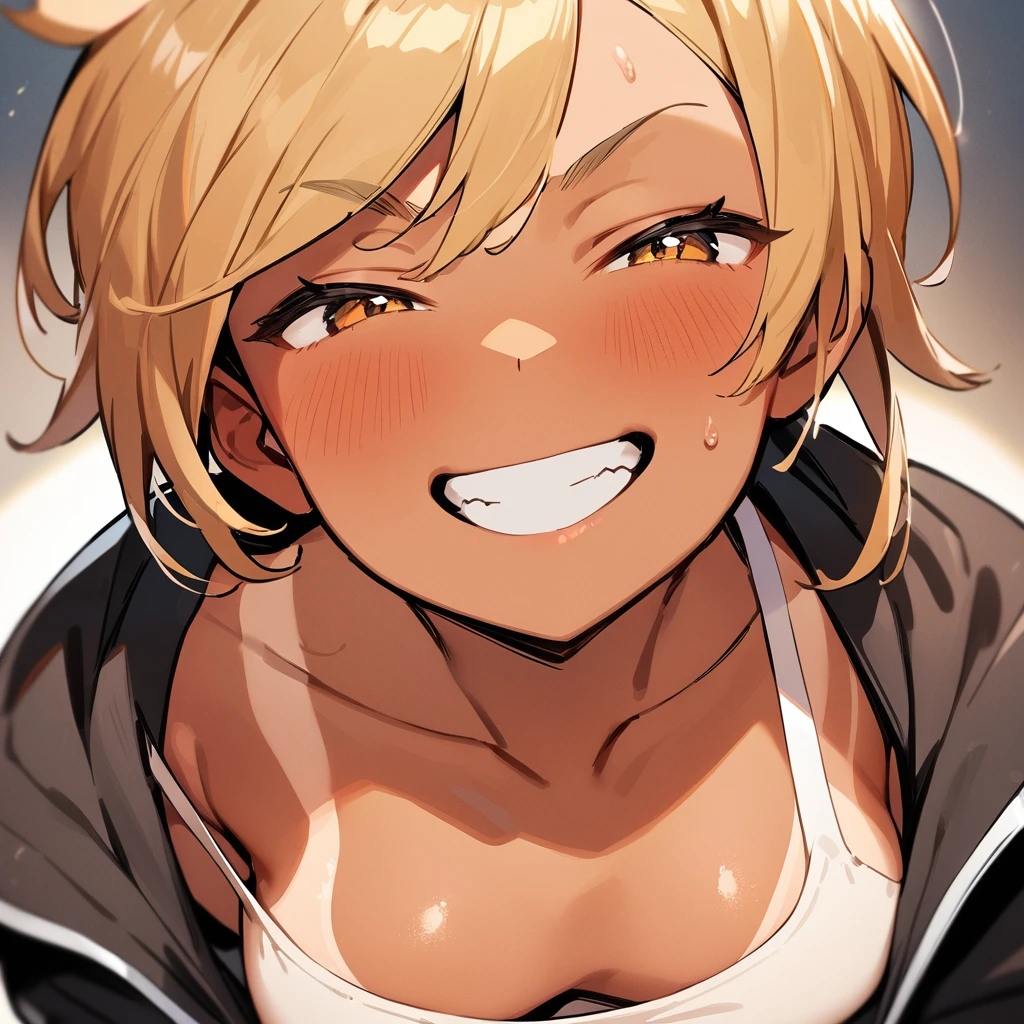 1 girl,tan,tanlines,downblouse,Grin,upper body, Brat,masterpiece,best quality,very aesthetic,absurdres