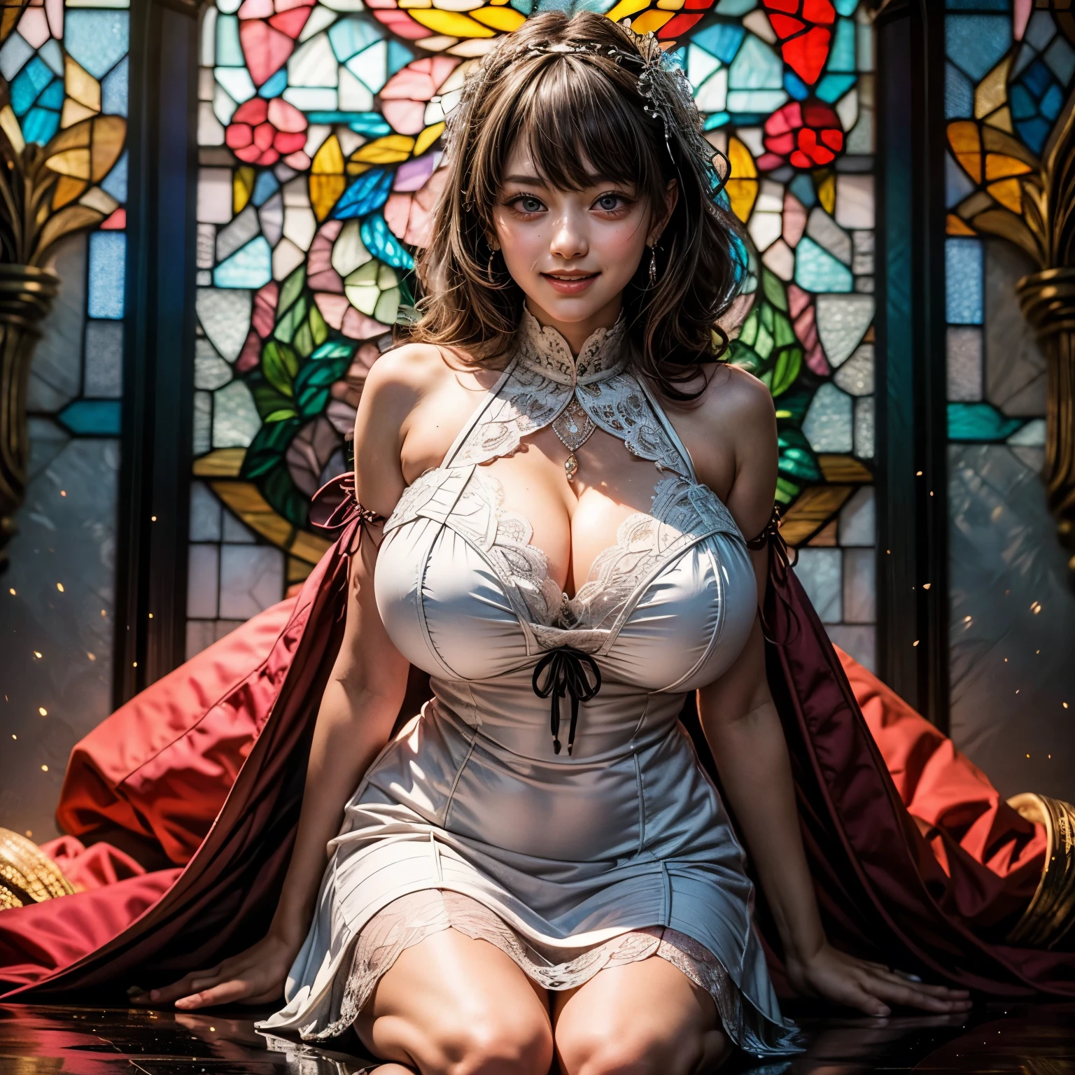 (Ceiling from Below:1.28), White and Blood Red, (Masterpiece 8K TopQuality:1.2) (ProfessionalPhoto:1.37) ExtremelyDetailed (((FullBody, KAWAII girl with HUGE boobs:1.37)) in (WHITE Lace Tube-Top MiniDress:1.28)) detailed (Delicate Lace textures), (Detailed(Distant Elaborate Stainedglass Background:1.37) (Tyndall Effect) (Oodles Dazzling NeonColor Particles:1.32))  BREAK  ((ZoomLayer)), (((NOGIZAKA FaceVariations))), Extremely Detailed (very KAWAII Face), Childish CaptivatingGaze Stunning ParfectEyes ElaboratePupils with (SparklingHighlights:1.28), Radiant PearlSkin with Transparency . { (Dynamic Joyful expressions LifeLike Rendering:1.4) | (:d) }, (Acutance:0.8) . 