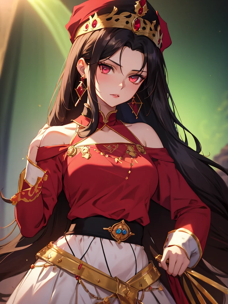 desert, Queen, princess, turbaned, gem, Earrings, Queen, (masterpiece), highest quality, Tohsaka Rin, 1girl, uhd, retina, masterpiece, ccurate, anatomically correct, textured skin, super detail, high details, high quality, best quality, highres, 4K