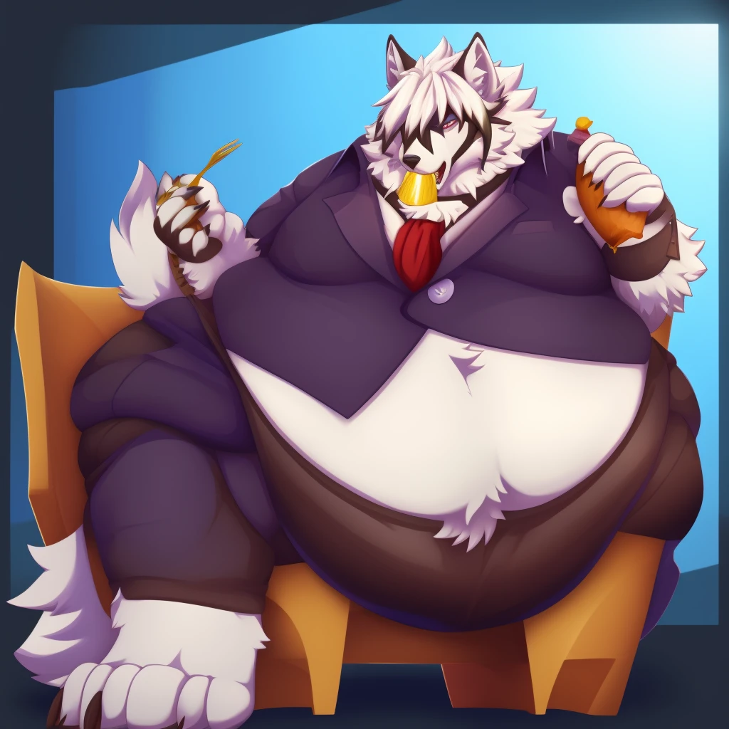 Von Lycaon (Zenless Zone Zero), male, wolf, solo, extremely fat, immobile, gigantic belly, eating, stuffed, straining clothes, butlers outfit, completely round body, big limbs, swollen cheeks