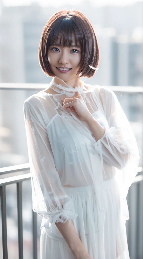 1girl, (white sheer blouse:1.6),(RAW photo, best quality), (realistic, photo-realistic:1.8), masterpiece, an extremely delicate and beautiful, extremely detailed, 2k wallpaper, Amazing, finely detail, extremely detailed CG unity 8k wallpaper, ultra-detailed, highres, soft light, beautiful detailed girl, extremely detailed eyes and face, beautiful detailed nose, beautiful detailed eyes,cinematic lighting,(in the city:2.0),perfect anatomy,(slender body:1.6),(close up face:2.0),(laugh,friendly, warm:1.8),(looking at viewer:2.0),(young japanese idol:1.8),(wavy short brown hair:1.8), (brown eyes:1.8), (cleavage:1.4),  