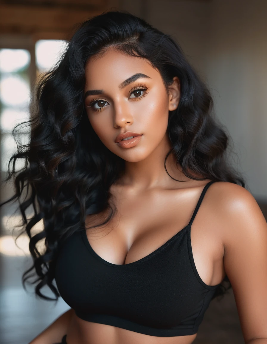 (best quality,4k,highres, highres face details), black long wavy hair, wearing a black crop top, 18 years old, instagram model, 36DD breast, fake lashes, natural lips, dark skin, she is skinny, she is caucasian, golden hour, huge breast 36DD, posing, sexy, sensual vibes, whole body image, from head to toes