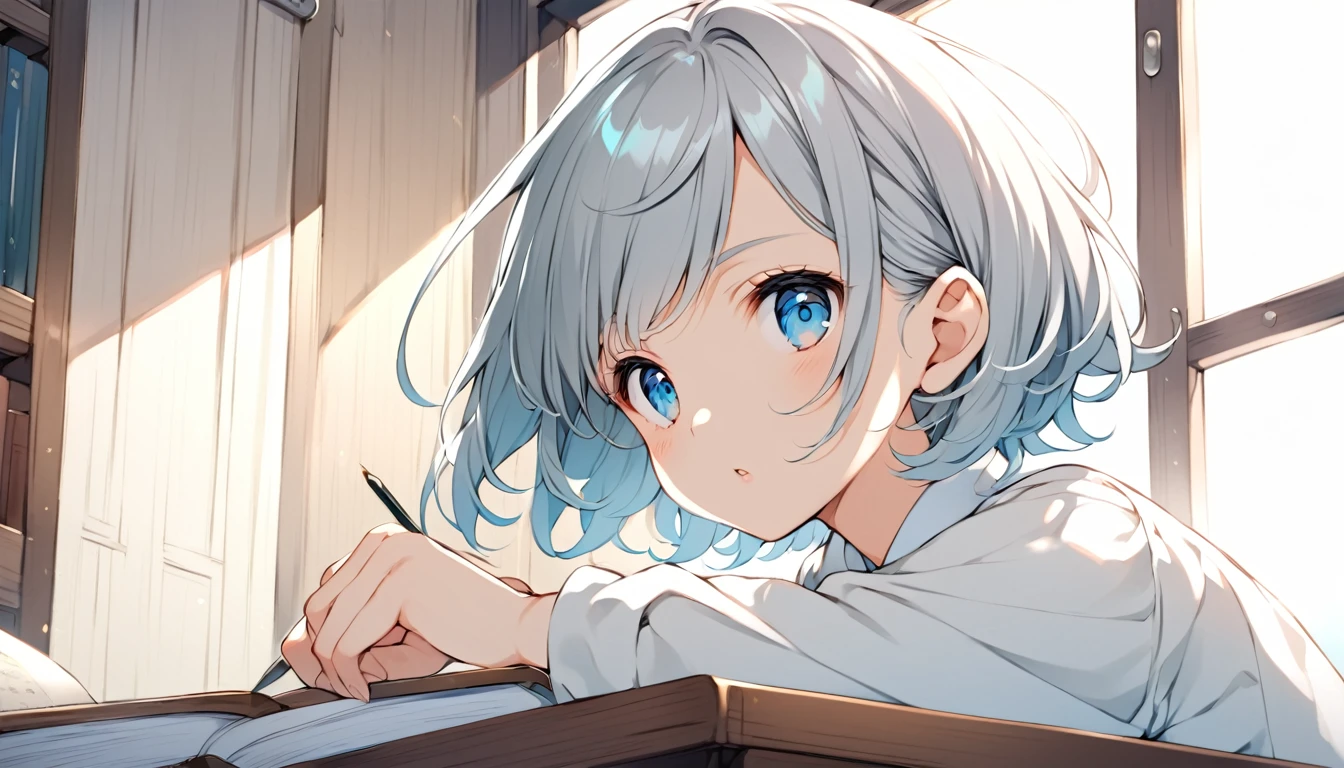 ghibli style, Hayao Miyazaki, blue eyes, gray hair, Sky background outside the window, looking the viewer, shirt, Short hair, Sweet girl concentrating and studying in the library