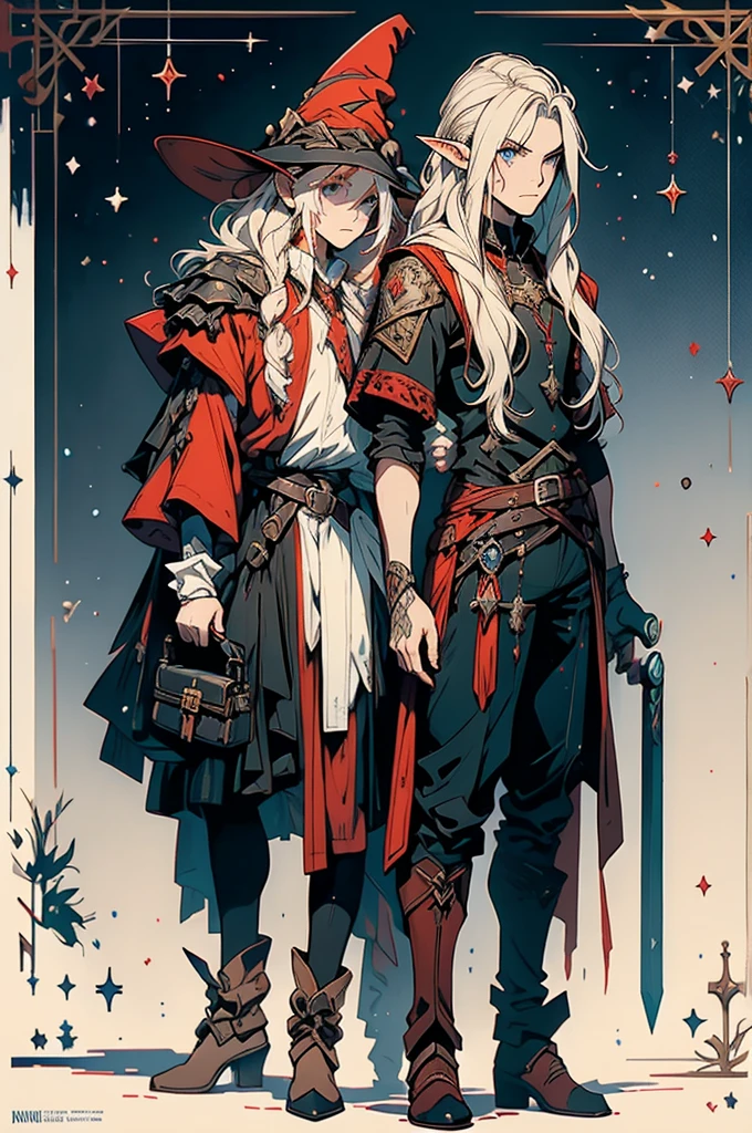 Young handsome elf from the 1920s ,naughty man, long red and white hair, wearing black wizard outfit, with a straight face, blue colored eyes, charachter, アニメ, RPG, hand drawn, High details, medieval city background