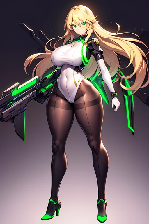 1girl, green eyes, blonde hair, long hair, large breasts, hourglass figure, bodysuit, white bodysuit, neon, neon trim, machinery, tech, science-fiction, futuristic, serious, standing, full body, ((full body)),, pantyhose, black pantyhose, wavy hair, fighting stance, drone, robot girl